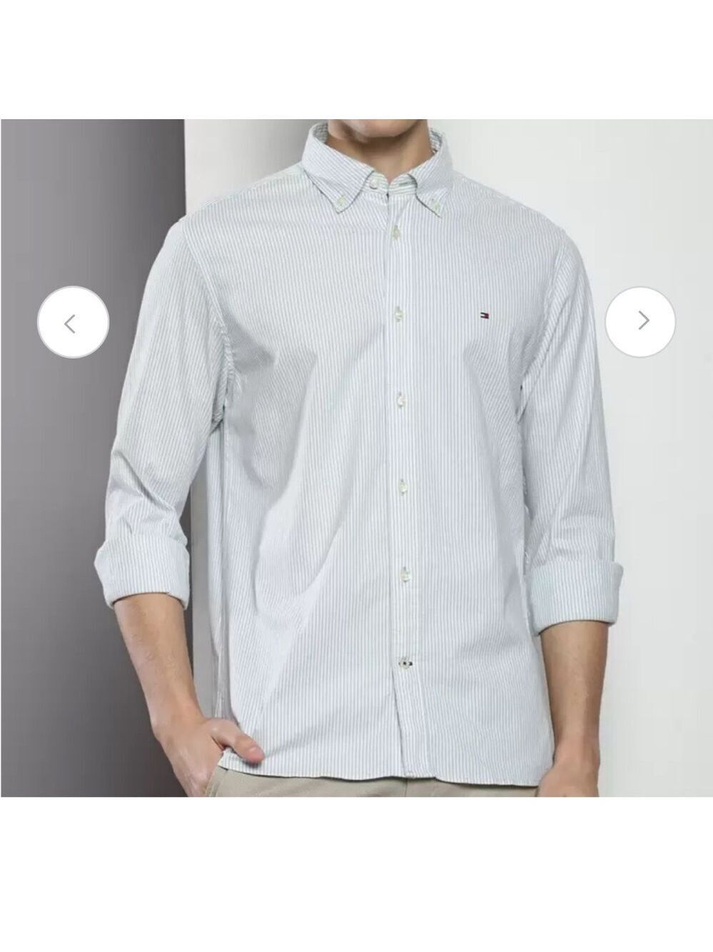 Tommy Hilfiger White /Green Stripe Casual Button Down Shirt Crisp Design